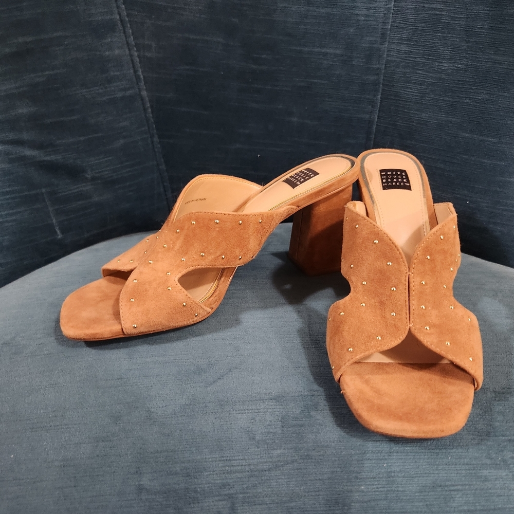 NWOT WHBM Studded Cognac Suede Leather Sandals Block Heel 2.75” Slip On Sz 8.5